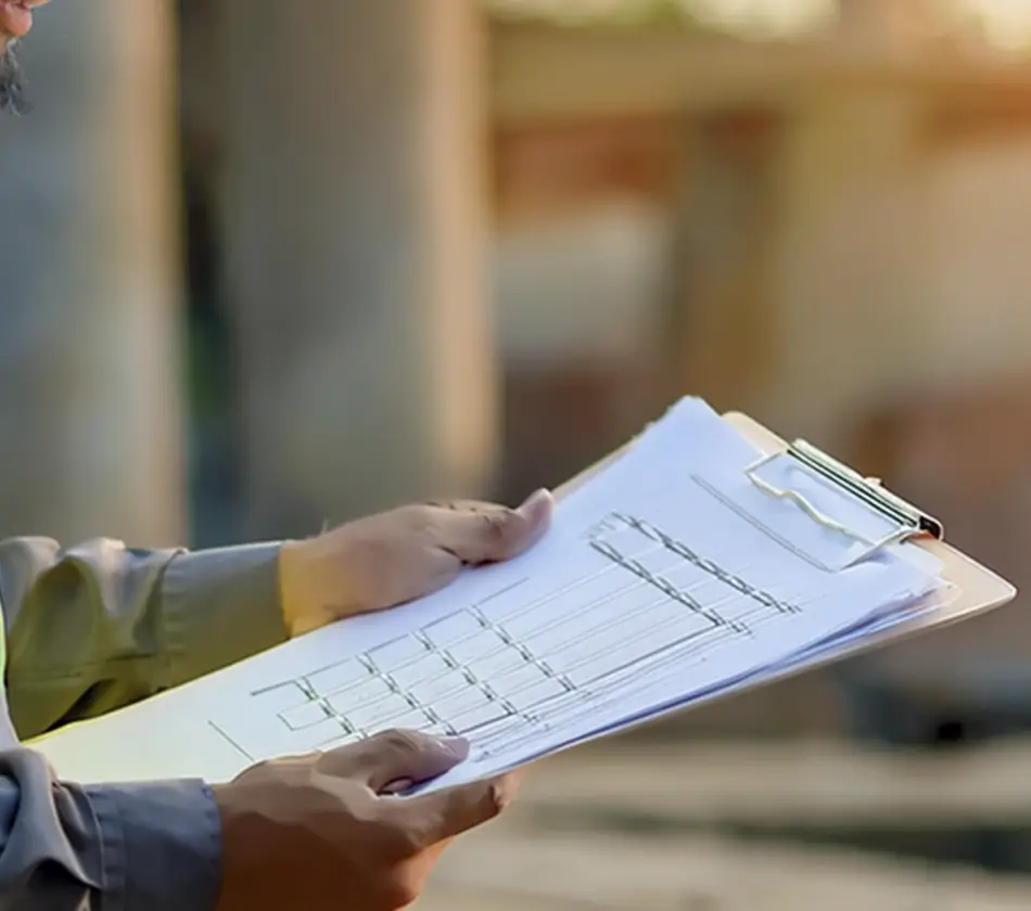 Engenheiro segurando prancheta com plantas técnicas em obra, representando a emissão de laudo técnico com ART para sistemas de climatização em Campinas.