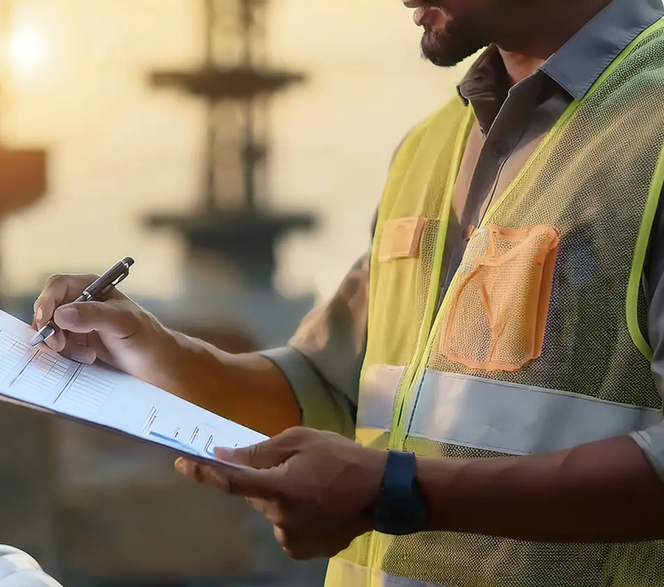 Engenheiro da DAPS Climatização com colete de segurança preenchendo formulário técnico em prancheta, simbolizando a emissão de laudo técnico com ART para sistemas de ar-condicionado em Campinas.