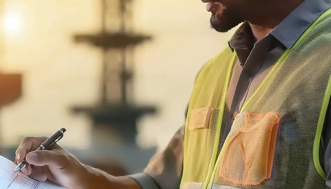 Profissional técnico qualificado em vestimenta de segurança documentando serviço técnico com formulário ART.