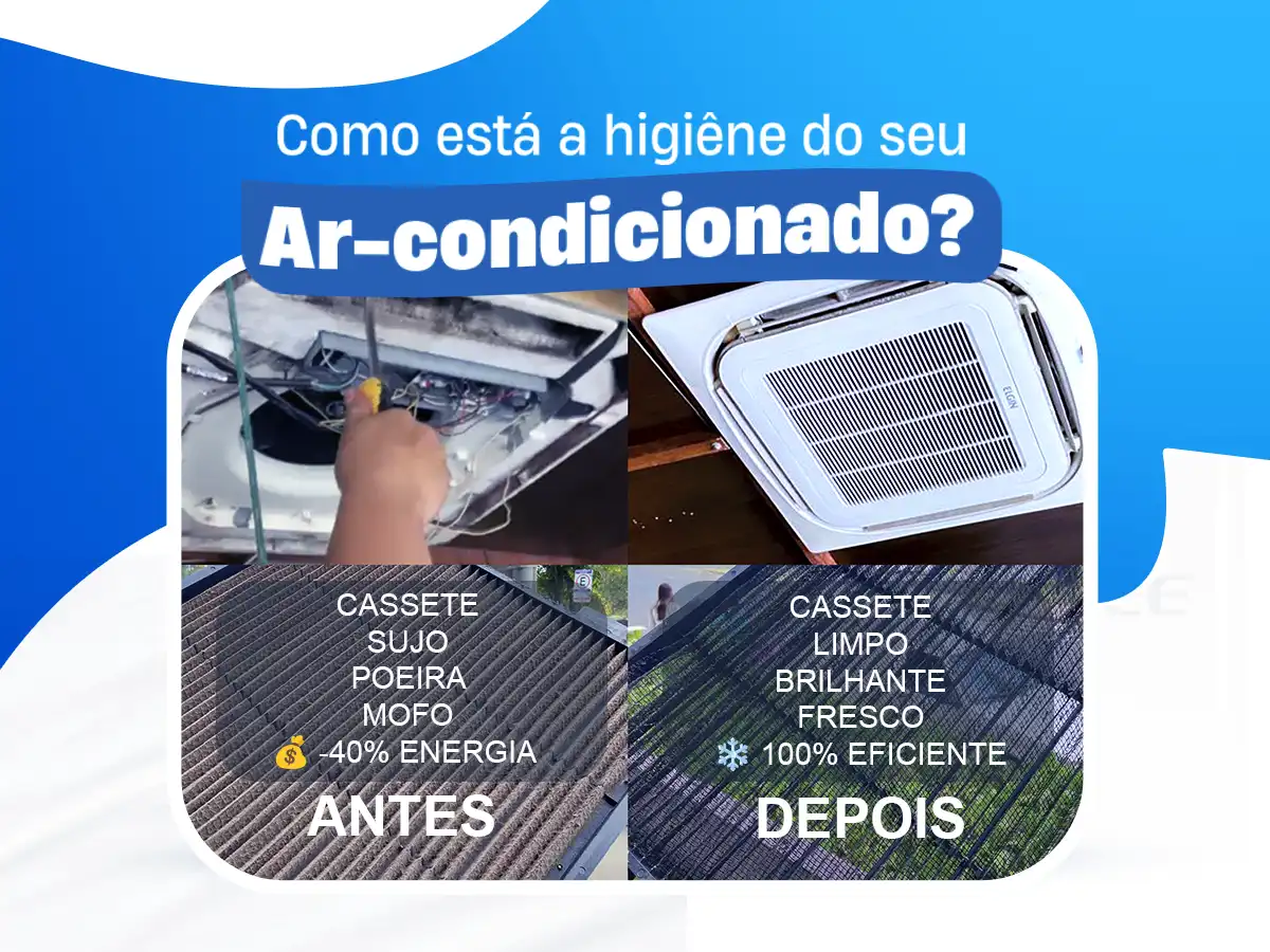 Infográfico comparativo de higienização de ar-condicionado cassete pela DAPS, mostrando antes e depois da limpeza, com destaque para redução de 40% no consumo de energia após limpeza profissional.