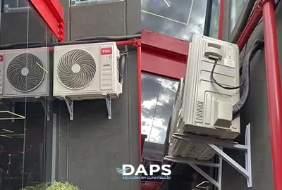 Condensadora externa de ar condicionado instalada profissionalmente no Taquaral, Campinas - unidade externa split com isolamento acústico, vácuo profundo 150 microns, projeto CREA-SP e garantia DAPS.