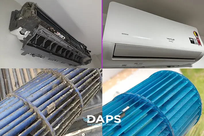 Colagem mostrando processo de limpeza de ar-condicionado tipo split, com destaque para filtro sujo antes da limpeza, unidade interna renovada e serpentinas limpas em Campinas.