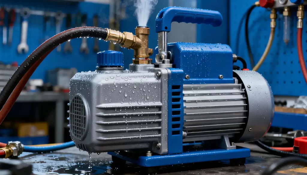 Bomba de vácuo profundo industrial para ar condicionado com tubulações de cobre conectadas.