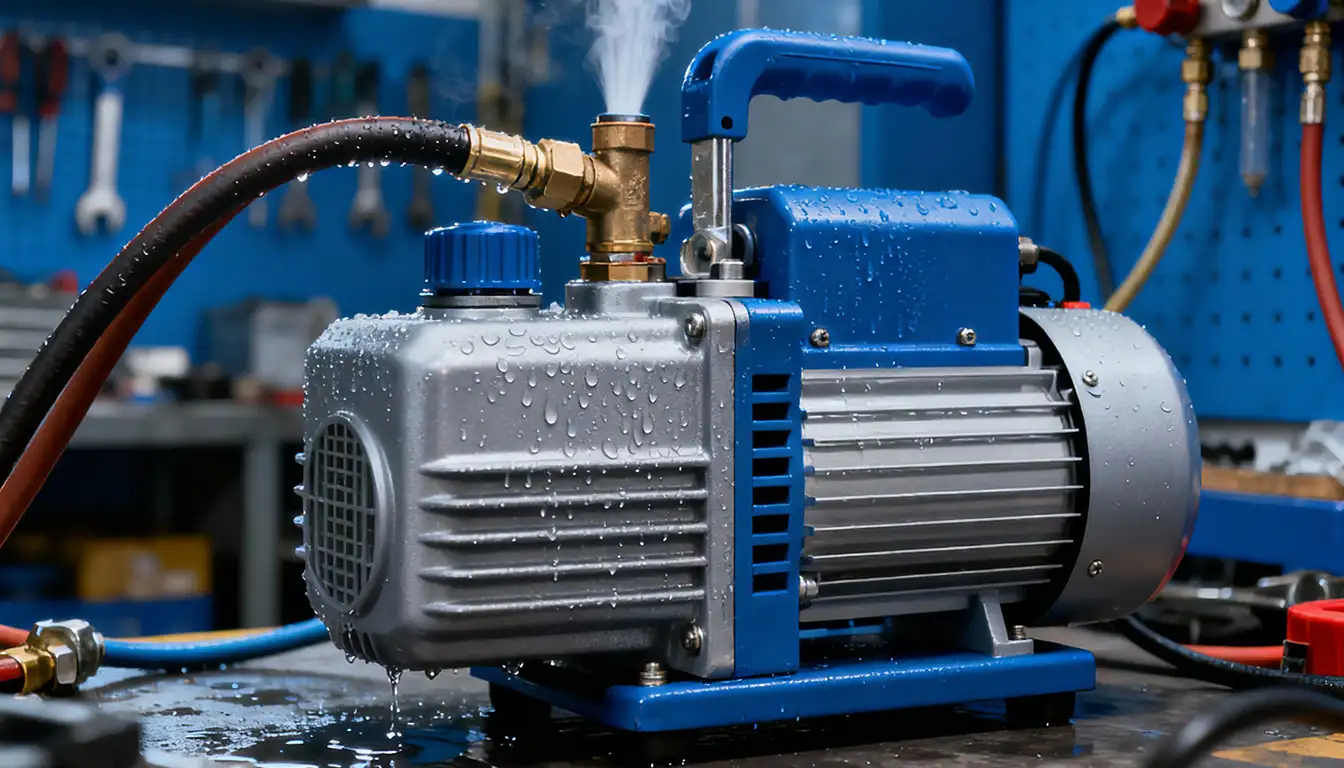 Bomba de vácuo profundo industrial para ar condicionado com tubulações de cobre conectadas.