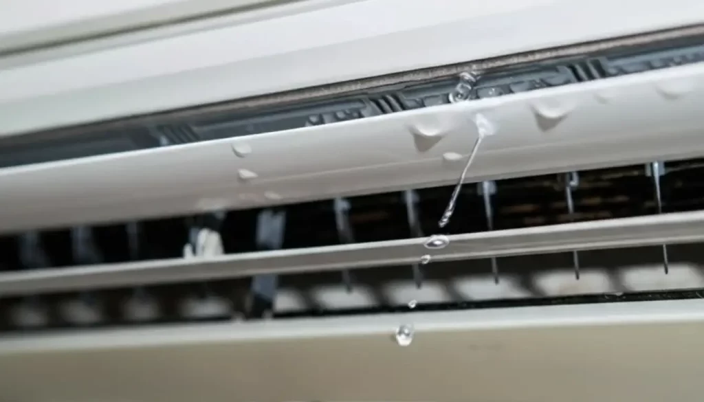 Ar-condicionado split com múltiplas gotas de água pingando intensamente das aletas e serpentinas indicando problema grave de drenagem em Campinas.