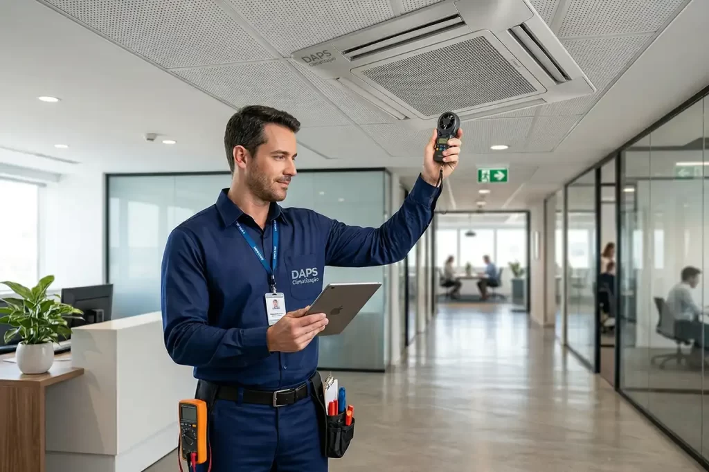 PMOC para ar-condicionado em ambiente corporativo com técnico da DAPS Climatização realizando inspeção em sistema de climatização em Campinas SP