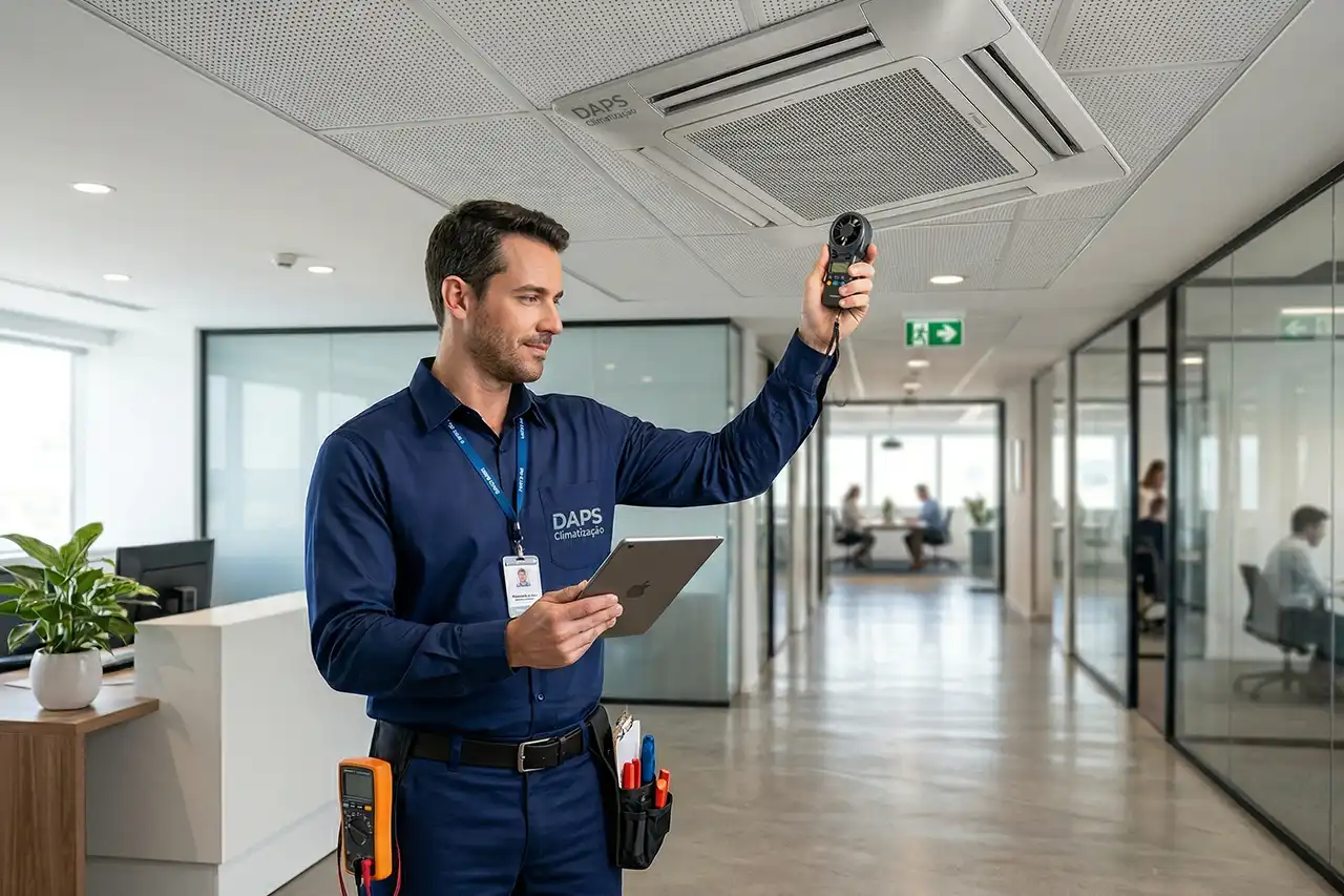 PMOC para ar-condicionado em ambiente corporativo com técnico da DAPS Climatização realizando inspeção em sistema de climatização em Campinas SP