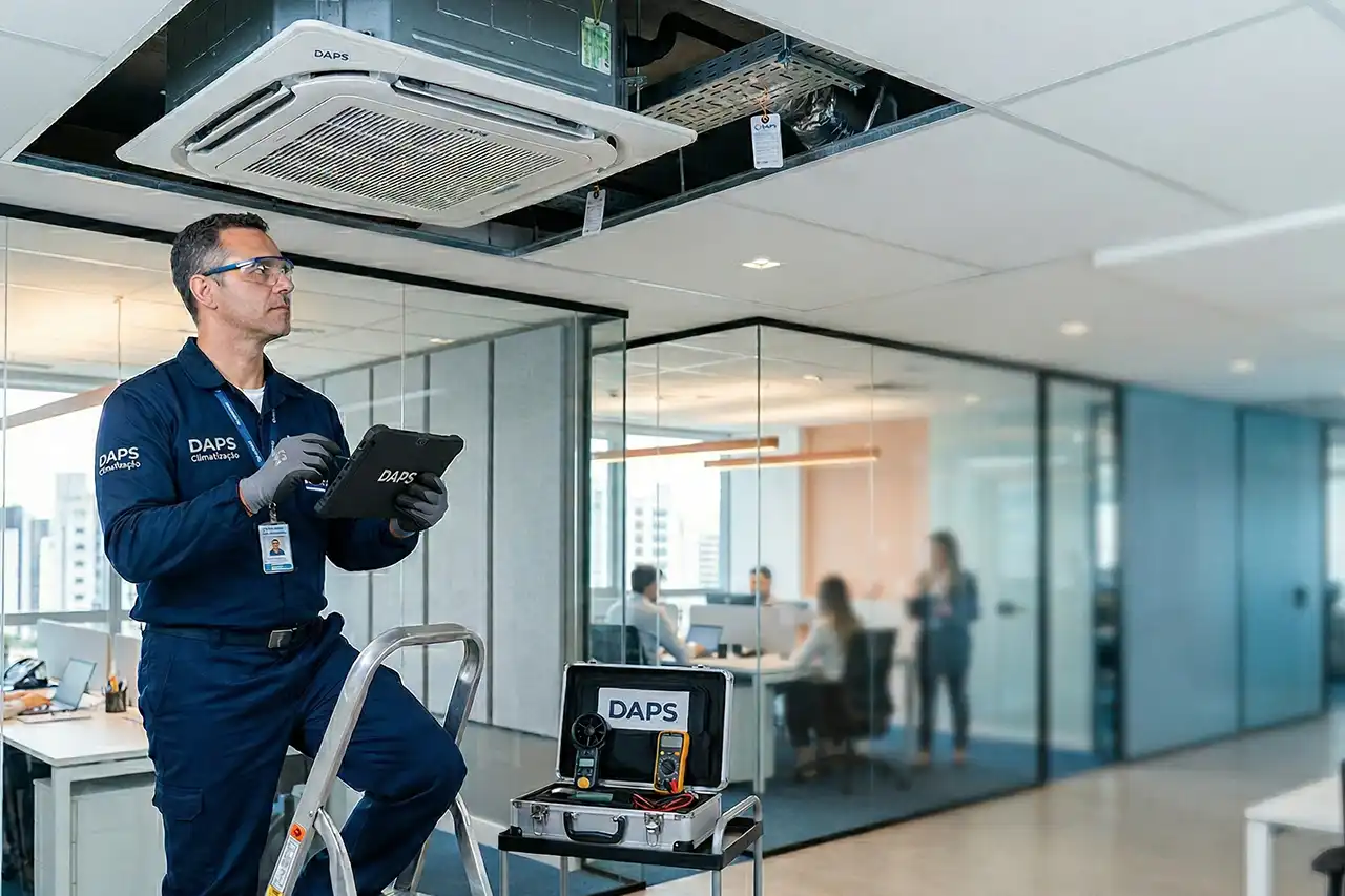 PMOC para ar-condicionado em Campinas, SP: técnico da NUAMCE realiza inspeção em sistema de climatização comercial