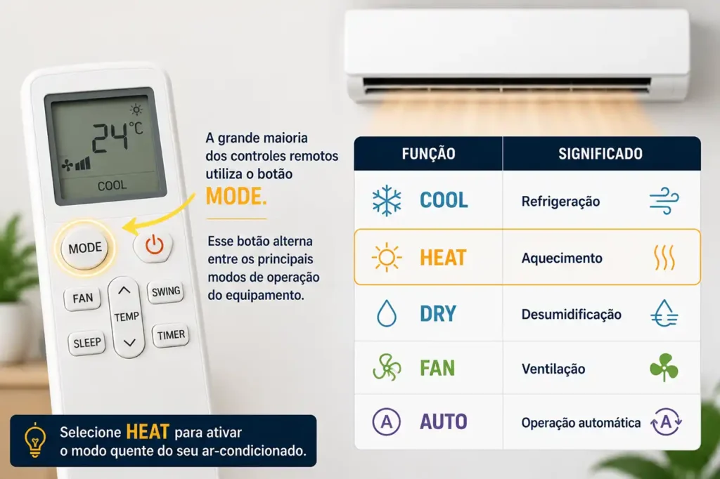 qual botao coloca o ar condicionado no modo quente daps climatizacao